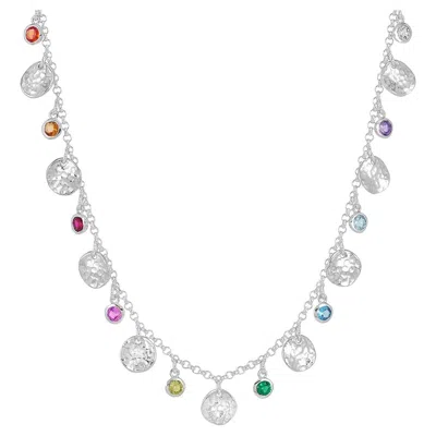 Pre-owned Dower & Hall Hammered Disc & Mixed Gemstone Array Necklace In Sterling Silver In Multi