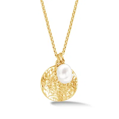 Dower & Hall Women's Hammered Disc & White Freshwater Pearl Nomad Pendant In Gold Vermeil