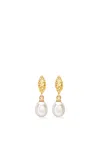 Dower & Hall Hammered Marquise And White Freshwater Pearl Drop Earrings In 金色