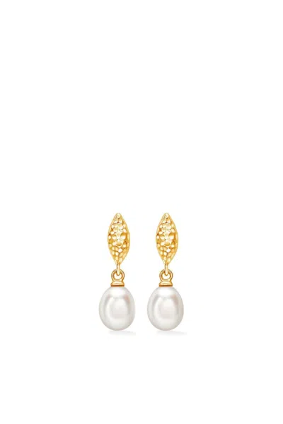 Dower & Hall Hammered Marquise And White Freshwater Pearl Drop Earrings In 金色