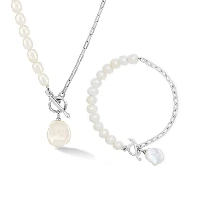 Dower & Hall Keshi Luna Pearl™ Necklace & Bracelet Set In White,gold,silver
