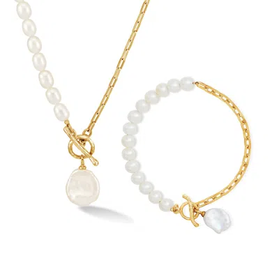 Dower & Hall Keshi Luna Pearl™ Necklace & Bracelet Set In White,gold,silver