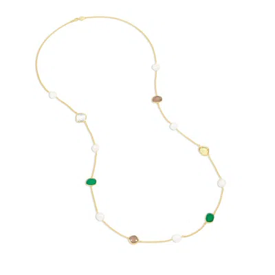 Dower & Hall Long Green Gemstone & Baroque Pearl Necklace In Gold