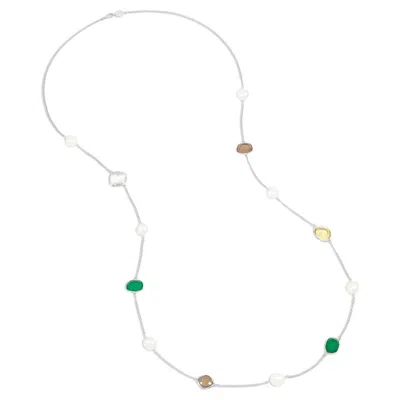 Pre-owned Dower & Hall Long Green Gemstone & Baroque Pearl Necklace In Sterling Silver