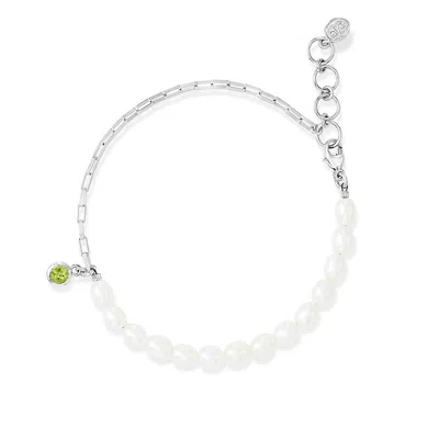 Dower & Hall Luna White Pearl, Chain And Peridot Drop Bracelet In Metallic