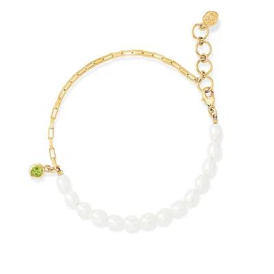 Dower & Hall Luna White Pearl, Chain And Peridot Drop Bracelet In Gold
