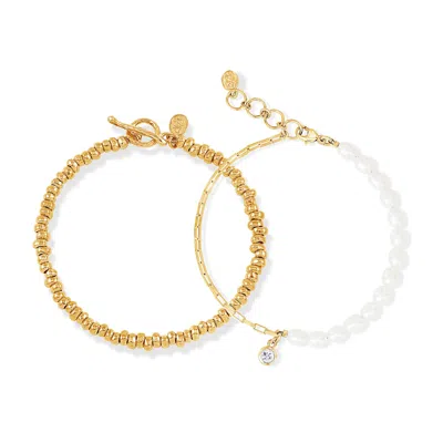 Dower & Hall Nomad Nuggets™ & Pearl Bracelet Stack In Gold