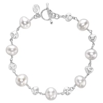 Pre-owned Dower & Hall Nugget & White Freshwater Pearl Bracelet In Sterling Silver
