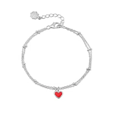 Dower & Hall Red Enamel Heart Double Chain Bracelet In Multi