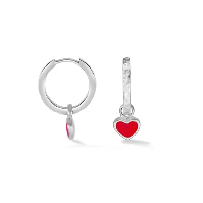 Dower & Hall Red Enamel Narrative Heart Huggie Hoops In Silver