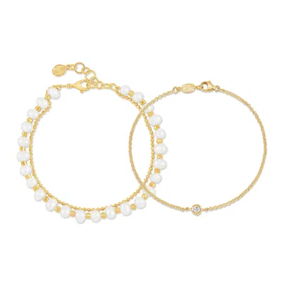 Dower & Hall Sapphire Dewdrop & Pearl Bracelet Set In Gold,white