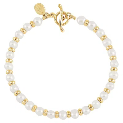 Pre-owned Dower & Hall Timeless White Pearl Halo Bracelet In 18ct Gold Vermeil