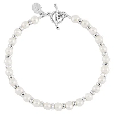 Pre-owned Dower & Hall Timeless White Pearl Halo Bracelet In Sterling Silver