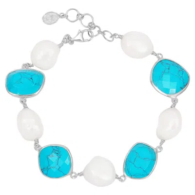Pre-owned Dower & Hall Turquoise & Pearl Pebble Bracelet In Sterling Silver In Multi