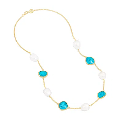 Dower & Hall Turquoise Gemstone & Baroque Pearl Pebble Necklace In Metallic