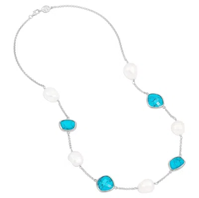 Pre-owned Dower & Hall Turquoise Gemstone & Baroque Pearl Pebble Necklace In Sterling Silver In Multi