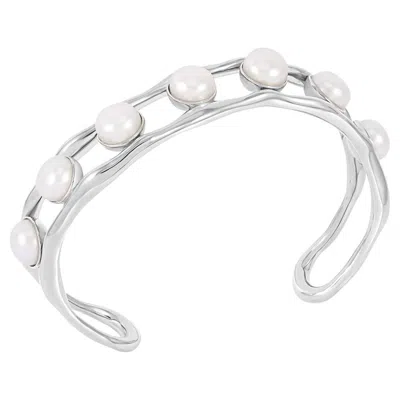 Pre-owned Dower & Hall Waterfall White Freshwater Pearl Chunky Bangle In Sterling Silver