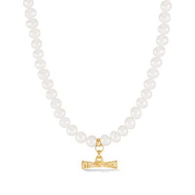 Dower & Hall White Pearl Hammered T-bar Necklace In Gold