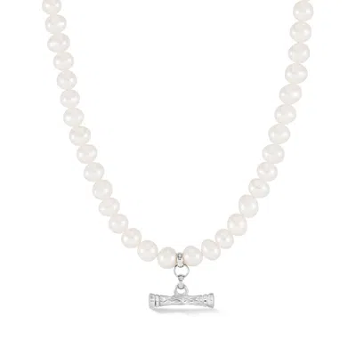 Dower & Hall White Pearl Hammered T-bar Necklace In Metallic