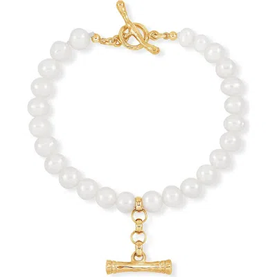 Dower & Hall White Pearl Nomad T-bar Bracelet In Yellow Gold Vermeil