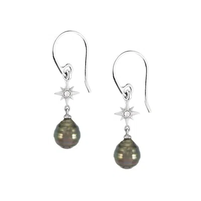 Dower & Hall Women's Fine White Gold & Diamond North Star Ear Drops With Tahitian Pearl In Green