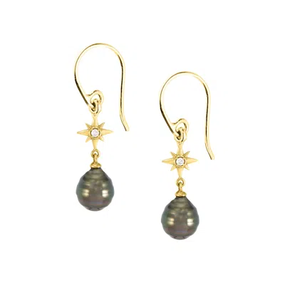 Dower & Hall Women's Fine Yellow Gold & Diamond North Star Ear Drops With Tahitian Pearl In Gray
