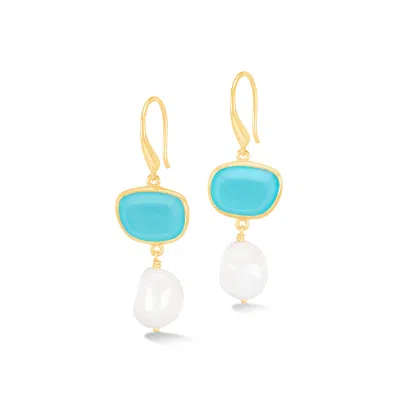 Dower & Hall Women's Gold / Blue Chalcedony Pebble & Pearl Drop Earrings In Gold Vermeil