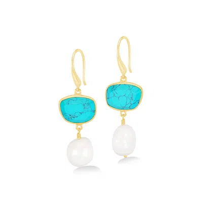 Dower & Hall Women's Gold / Blue Turquoise Pebble & Pearl Drop Earrings In Gold Vermeil