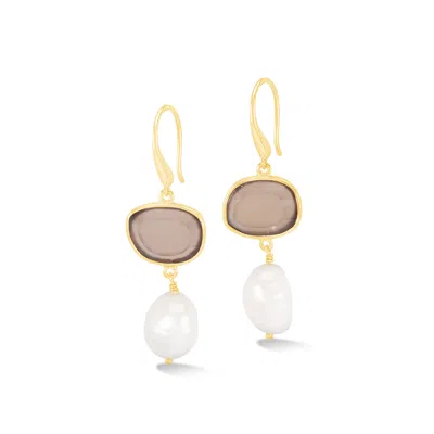 Dower & Hall Women's Gold / Grey Grey Agate Pebble & Pearl Drop Earrings In Gold Vermeil
