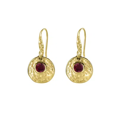 Dower & Hall Women's Gold Hammered Disc & Red Garnet Array Drop Earrings In Vermeil