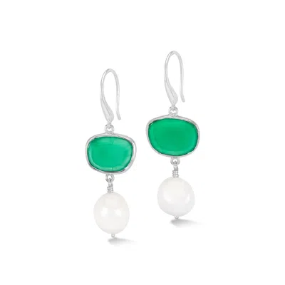 Dower & Hall Women's Green Onyx Pebble & Pearl Drop Earrings In Silver In Metallic