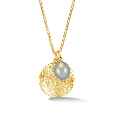 Dower & Hall Women's Hammered Disc & Dove Grey Freshwater Pearl Pendant In Gold Vermeil