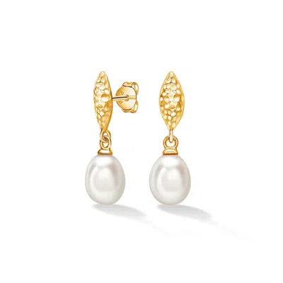 Dower & Hall Women's Hammered Marquise & White Freshwater Pearl Drop Earrings In Gold Vermeil