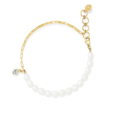 Dower & Hall Women's Luna White Pearl, Chain & Aquamarine Drop Bracelet In Gold Vermeil