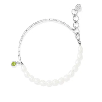 DOWER & HALL WOMEN'S LUNA WHITE PEARL, CHAIN AND PERIDOT DROP BRACELET IN STERLING SILVER