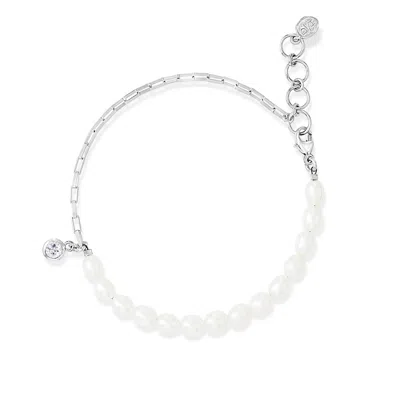 DOWER & HALL WOMEN'S LUNA WHITE PEARL, CHAIN & WHITE TOPAZ DROP BRACELET IN STERLING SILVER