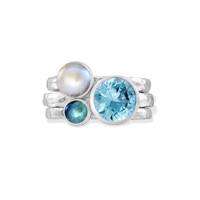 Dower & Hall Women's Silver / Blue Spirit Twinkle Stacking Rings Set In Sterling Silver In Metallic