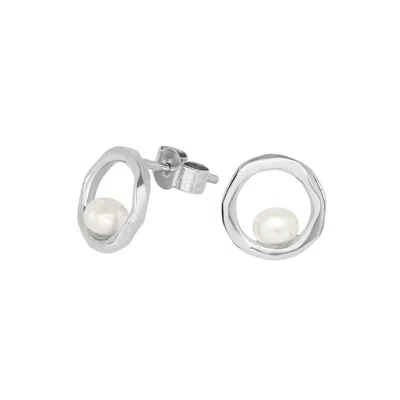 Dower & Hall Women's Silver Open Circle White Pearl Stud Earrings In Metallic