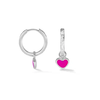 Dower & Hall Women's Silver / Pink Pink Enamel Narrative Heart Huggie Hoops In Sterling Silver In Multi