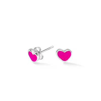 Dower & Hall Women's Silver / Pink Pink Enamel Narrative Heart Studs In Sterling Silver In Multi