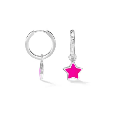 Dower & Hall Women's Silver / Pink Pink Enamel Narrative Star Huggie Hoops In Sterling Silver In Multi