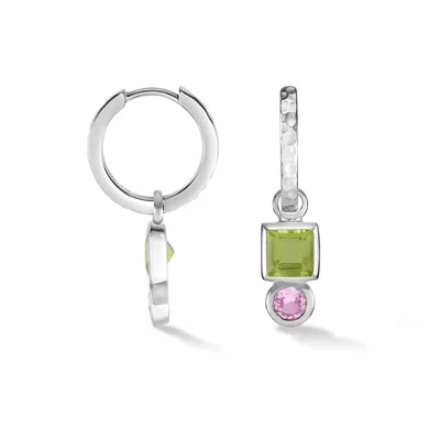 Dower & Hall Women's Silver Square Peridot Hammered Huggie Hoops