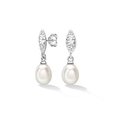 Dower & Hall Women's Silver / White Hammered Marquise & White Freshwater Pearl Drop Earrings In Sterling Silver