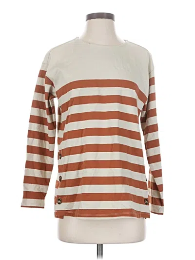 Pre-owned Downeast Long Sleeve Top Tan Stripes Pattern Boatneck Tops In Brown