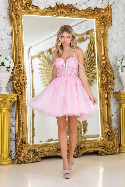 Dq Adorable Mini Homecoming Dress With Embroidered Bodice And Spaghetti Straps, Featuring A Flared Tull In Pink