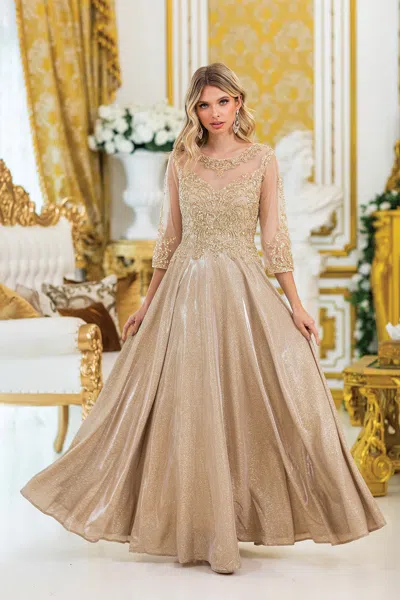 Dq A-line Prom Dress With Beaded Lace Bodice And Sheer Long Sleeves In Gold