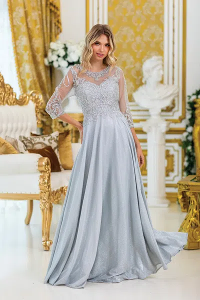 Dq A-line Prom Dress With Beaded Lace Bodice And Sheer Long Sleeves In Gray