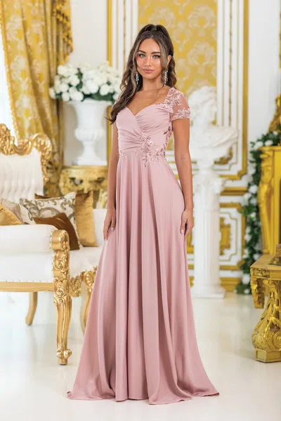 Dq A-line Prom Dress With Embroidered Floral Lace Details And Short Sleeves In Pink