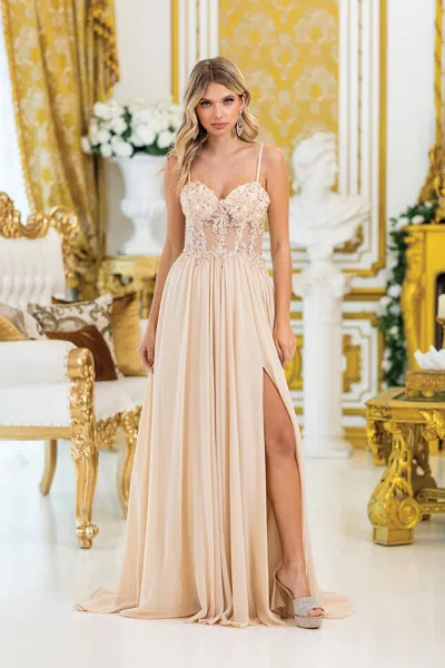 Dq A-line Prom Dress With Sheer Bodice, Floral Embellishments, And Slit Skirt In Neutral
