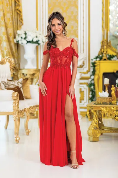 Dq A-line Prom Dress With Sheer Bodice, Floral Embellishments, And Slit Skirt In Red